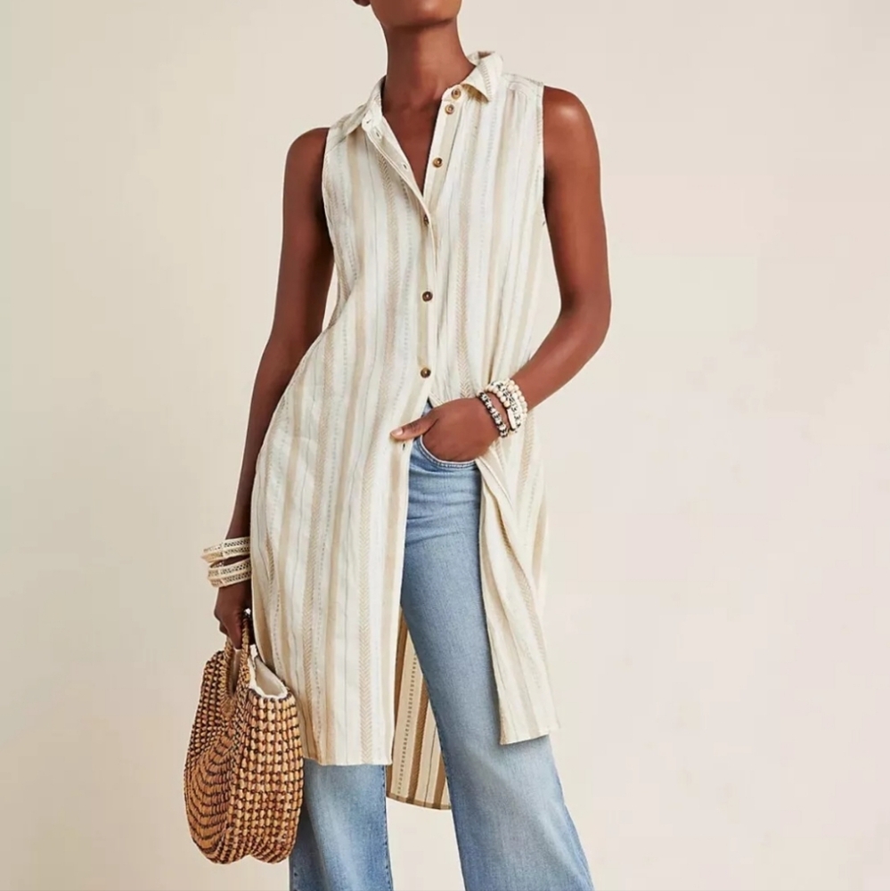 By Anthropologie Cream Striped Delphine Textured Tunic Top Boho XS
